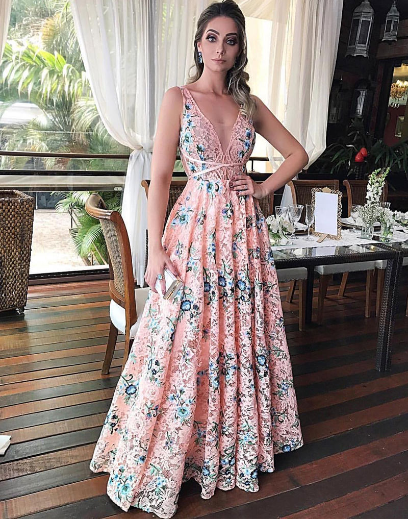 vestido longo florido para casamento de dia